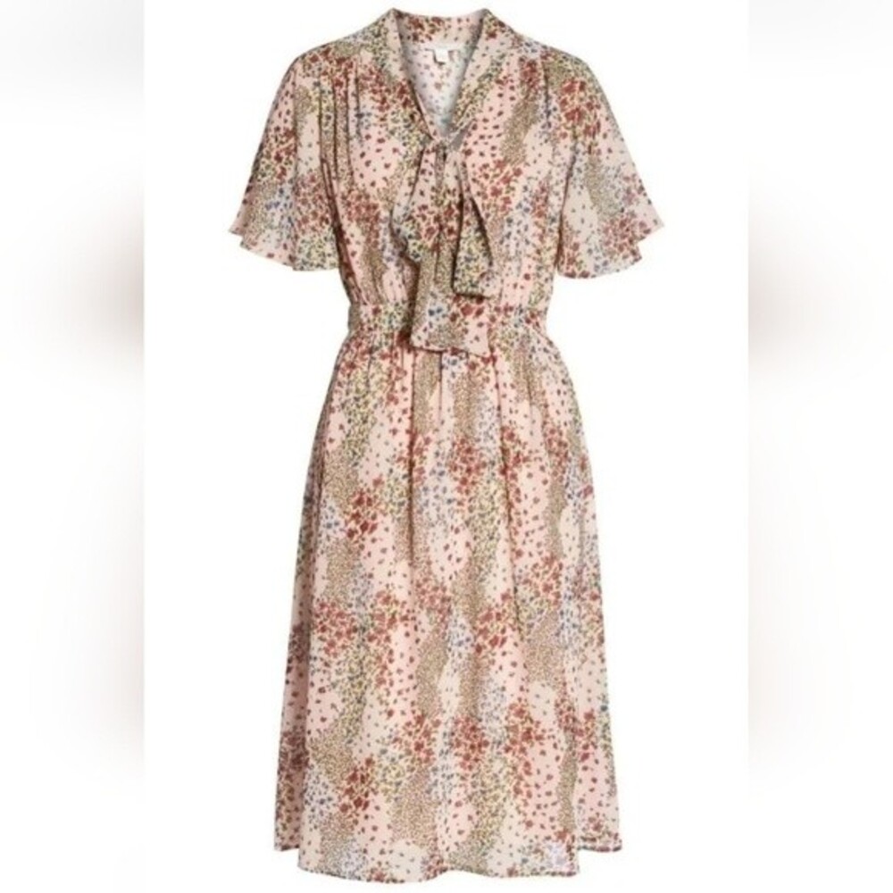 1901 Taupe Blush CHIFFON Tie Neck FLORAL Midi DRESS Size L